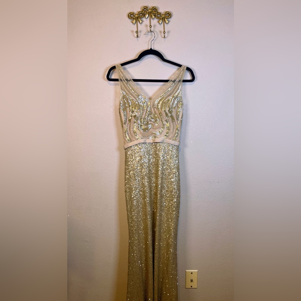 Aspeed Champagne/Gold Formal Sequin Dress 1920’s Inspired Bodice. Size S